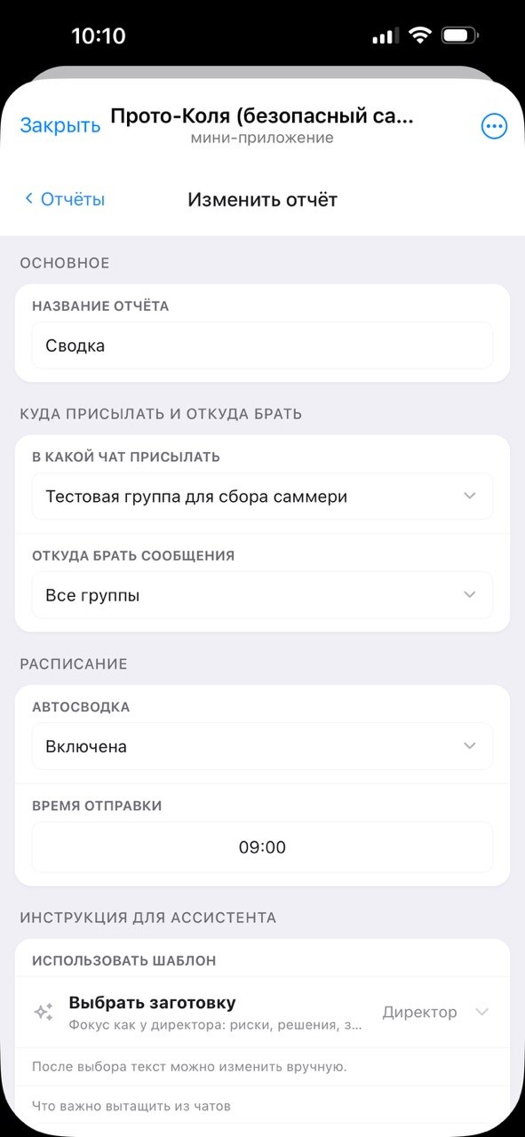Поля Название отчёта, В какой чат присылать и расписание